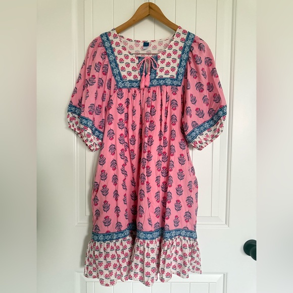 Old Navy Pink Blue Floral Boho Puff Sleeve Mini Swing Dress Tie Neck Large - Picture 8 of 8